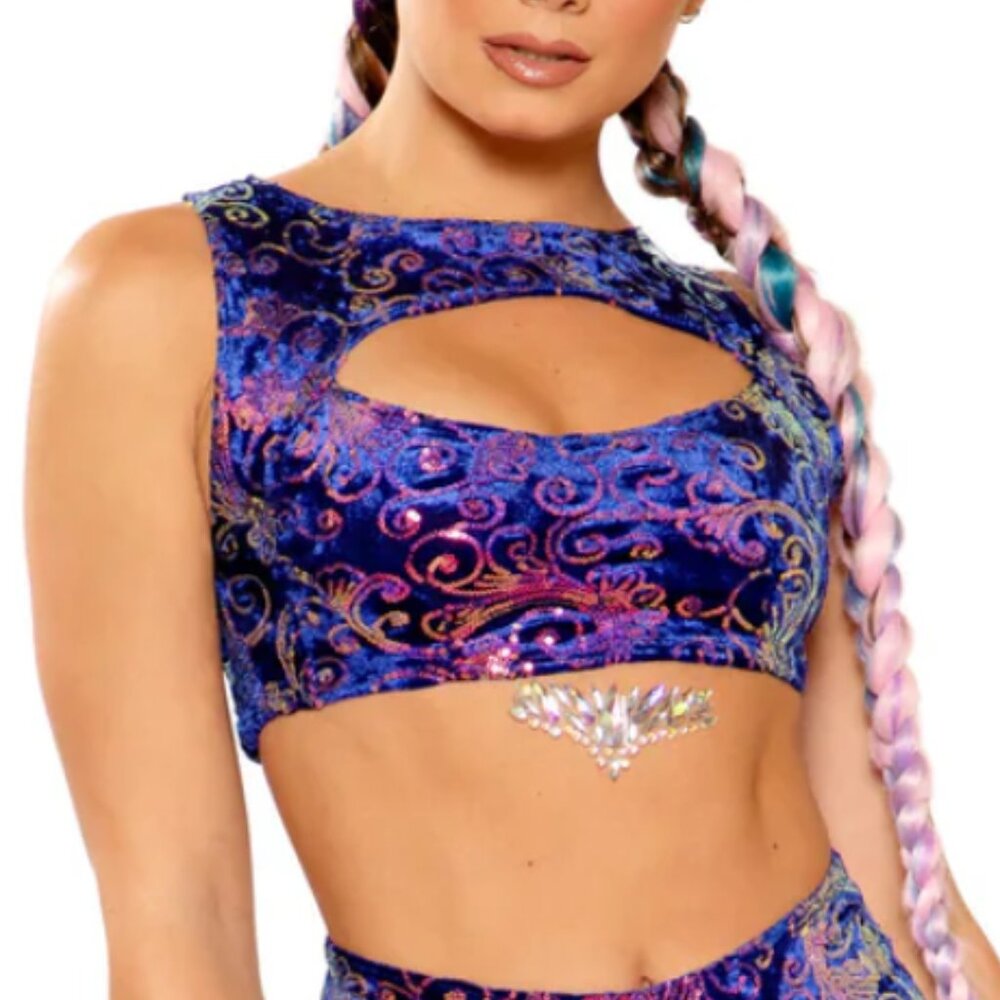 Vintage Valentine Blue Sequin Embroidered Velvet Rave Crop Top
